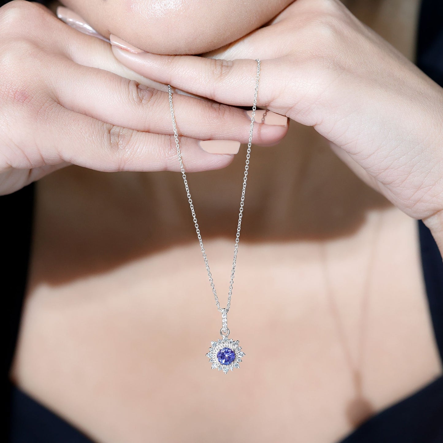 Round Tanzanite Bridal Necklace with Diamond Accent Bail