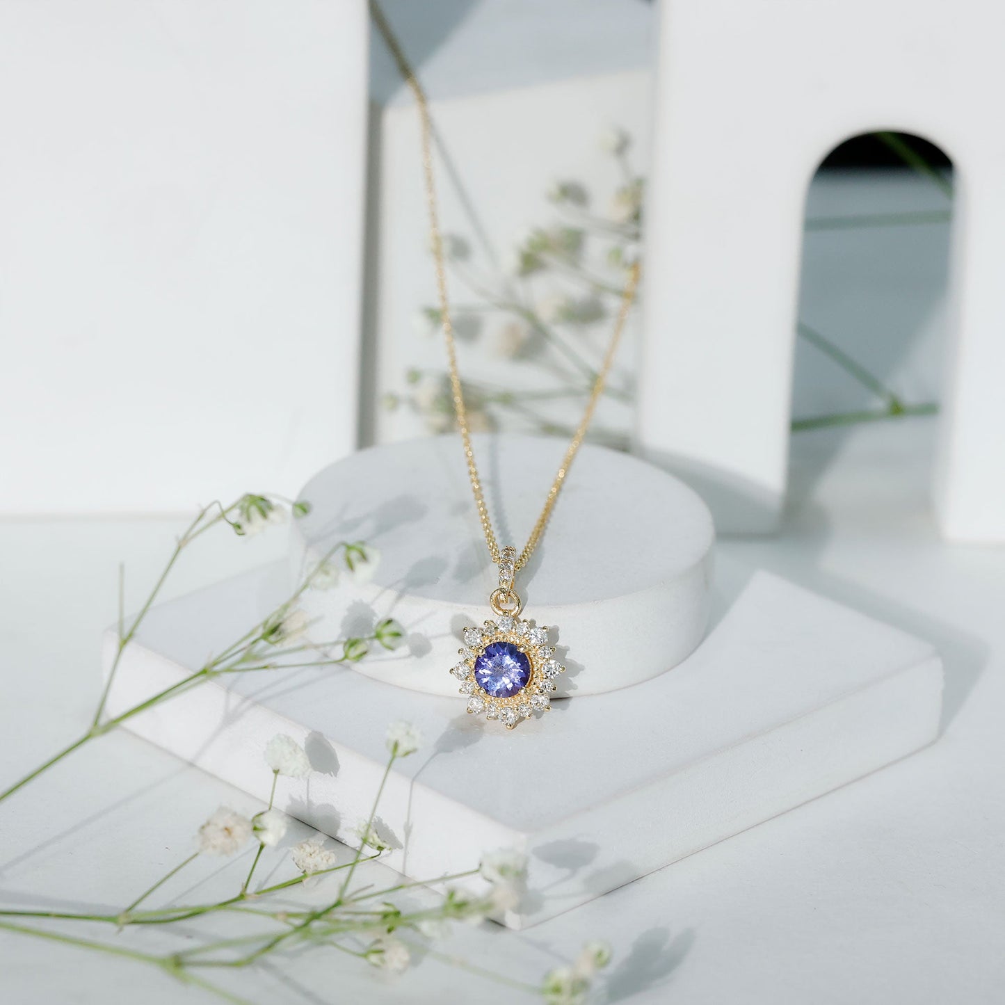 Round Tanzanite Bridal Necklace with Diamond Accent Bail