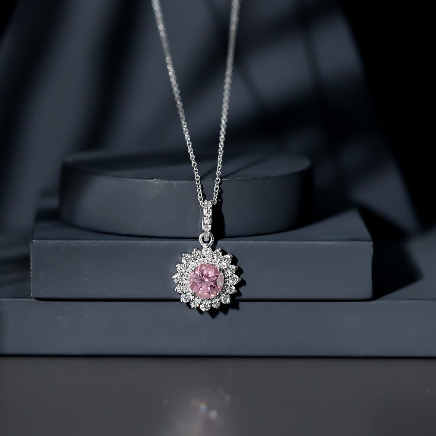 Natural 1.2 Carat Round Pink Tourmaline and Diamond Halo Pendant