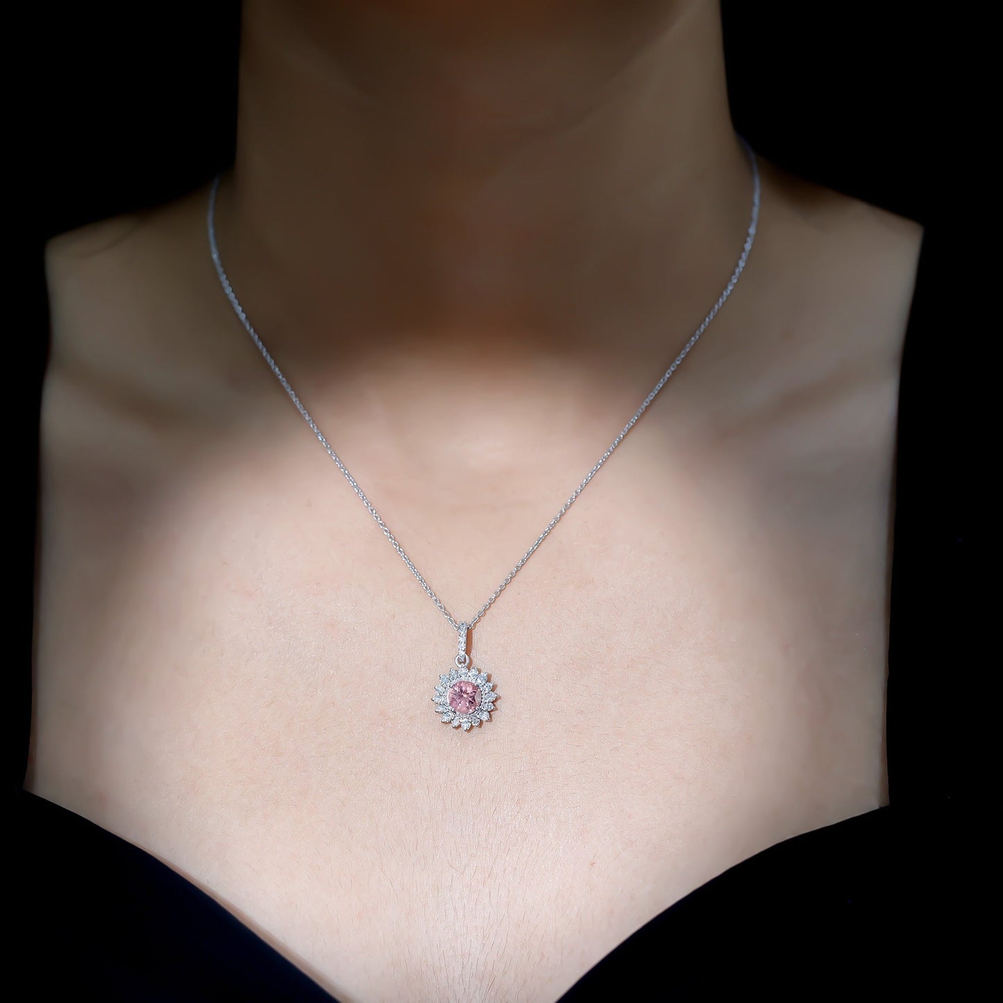 Natural 1.2 Carat Round Pink Tourmaline and Diamond Halo Pendant