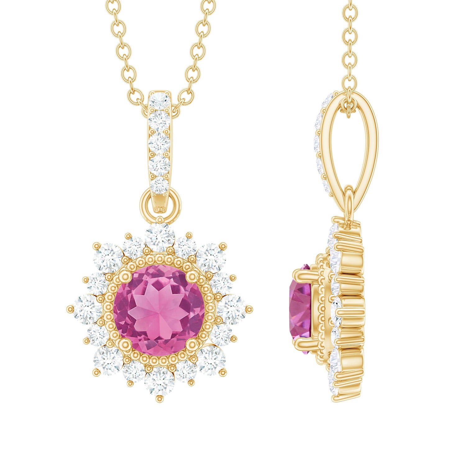 Natural 1.2 Carat Round Pink Tourmaline and Diamond Halo Pendant