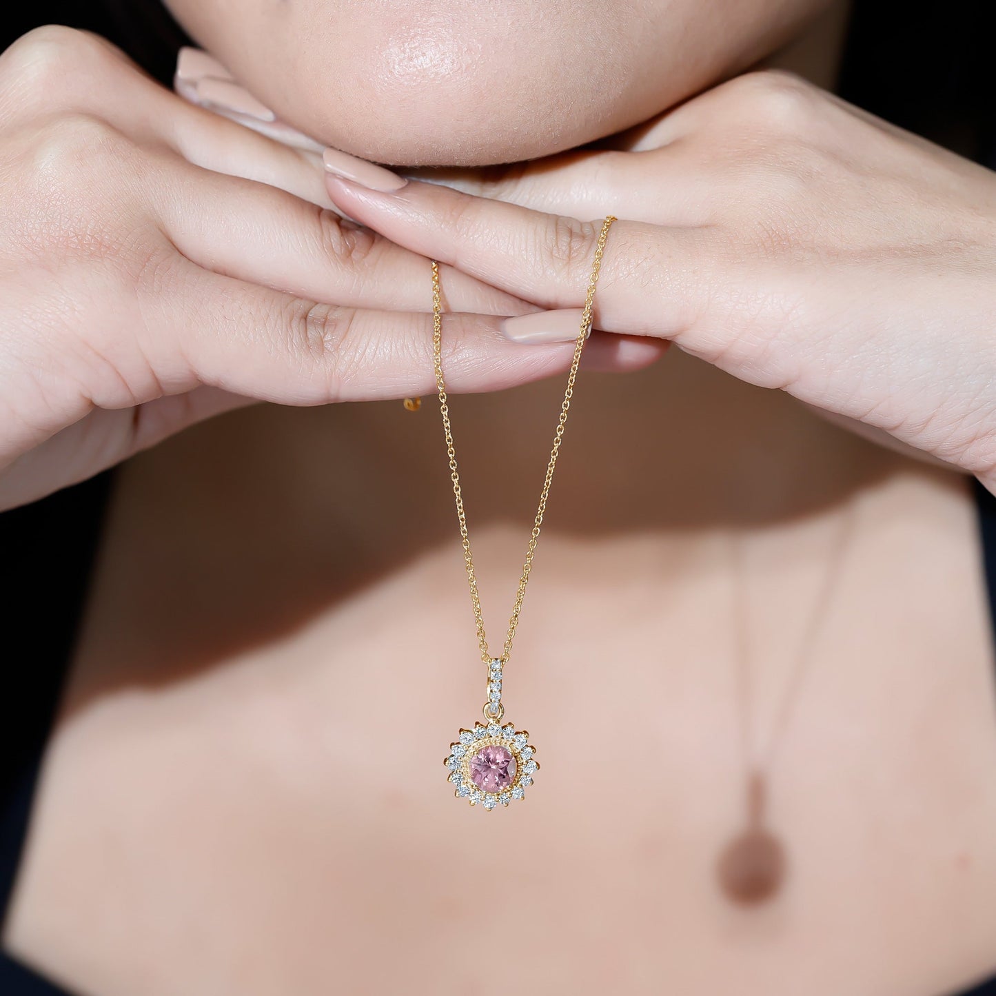 Natural 1.2 Carat Round Pink Tourmaline and Diamond Halo Pendant