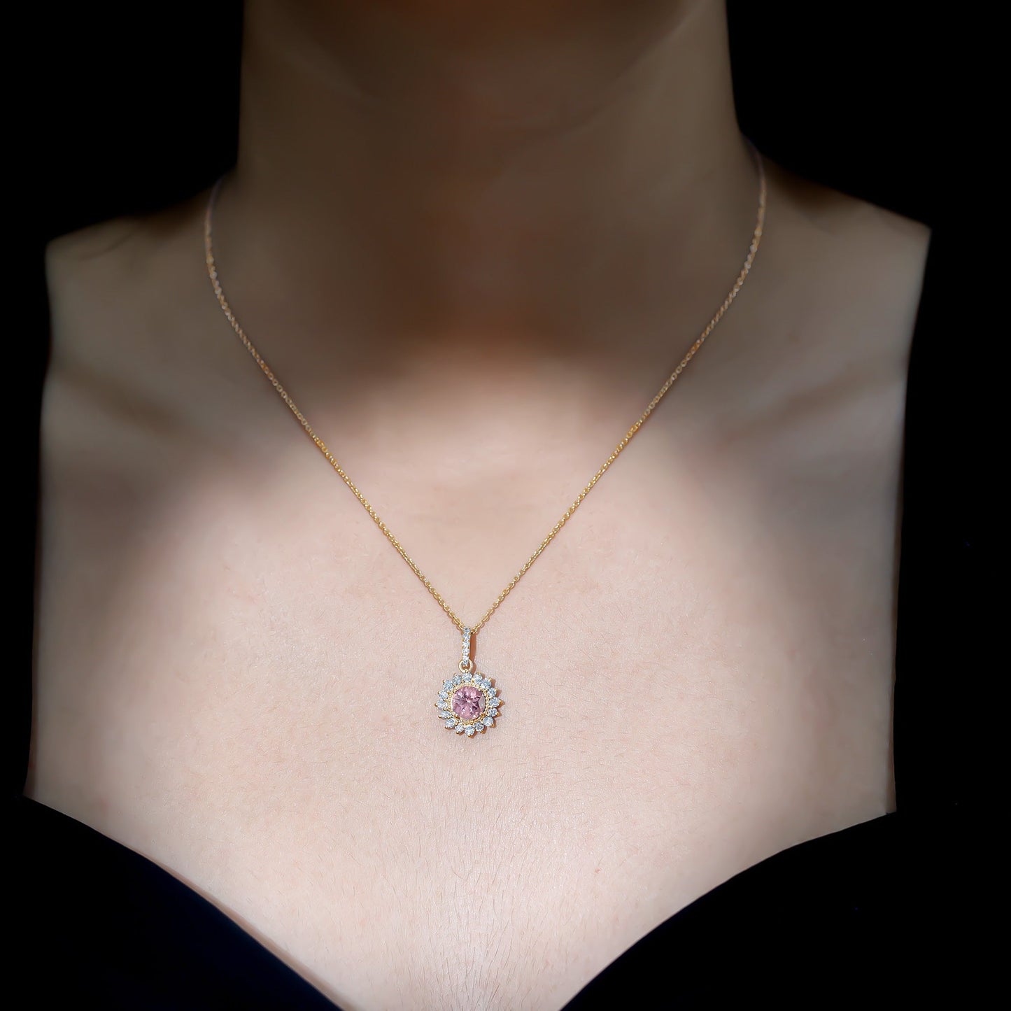 Natural 1.2 Carat Round Pink Tourmaline and Diamond Halo Pendant