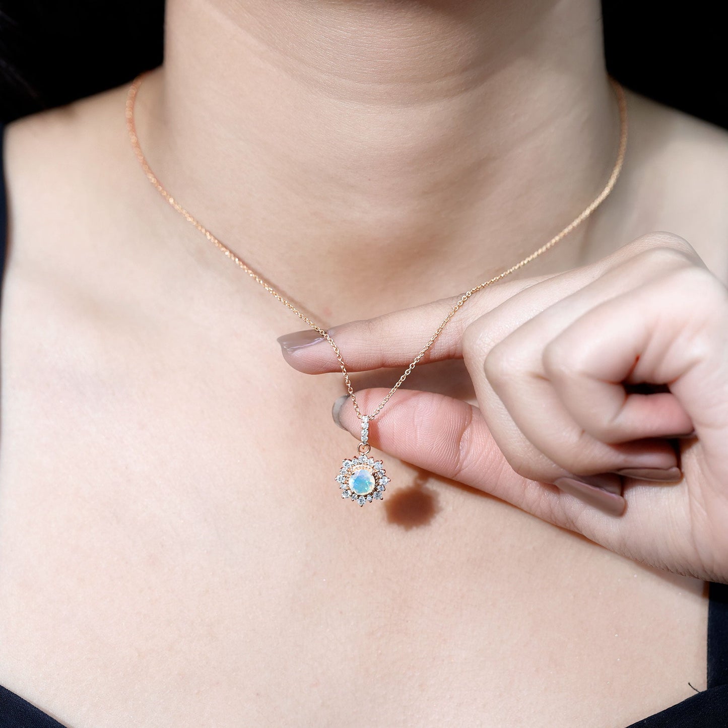 Natural 0.8 Ethiopian Opal Flower Necklace with Diamond Halo