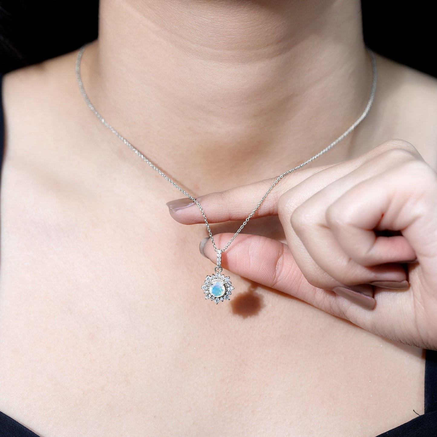Natural 0.8 Ethiopian Opal Flower Necklace with Diamond Halo