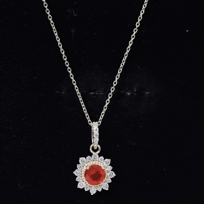 Round Fire Opal and Diamond Halo Pendant Necklace