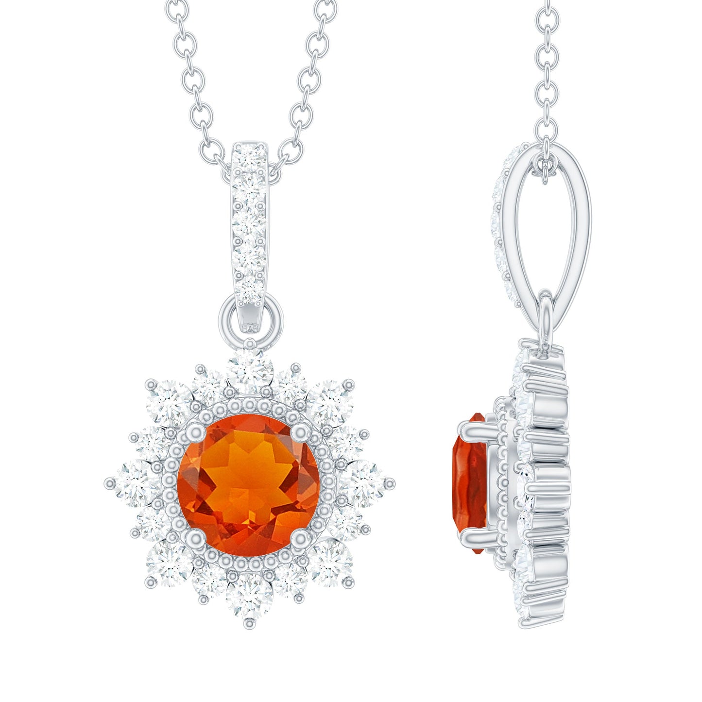 Round Fire Opal and Diamond Halo Pendant Necklace