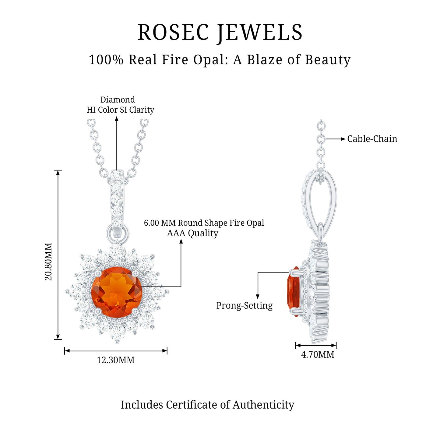 Round Fire Opal and Diamond Halo Pendant Necklace