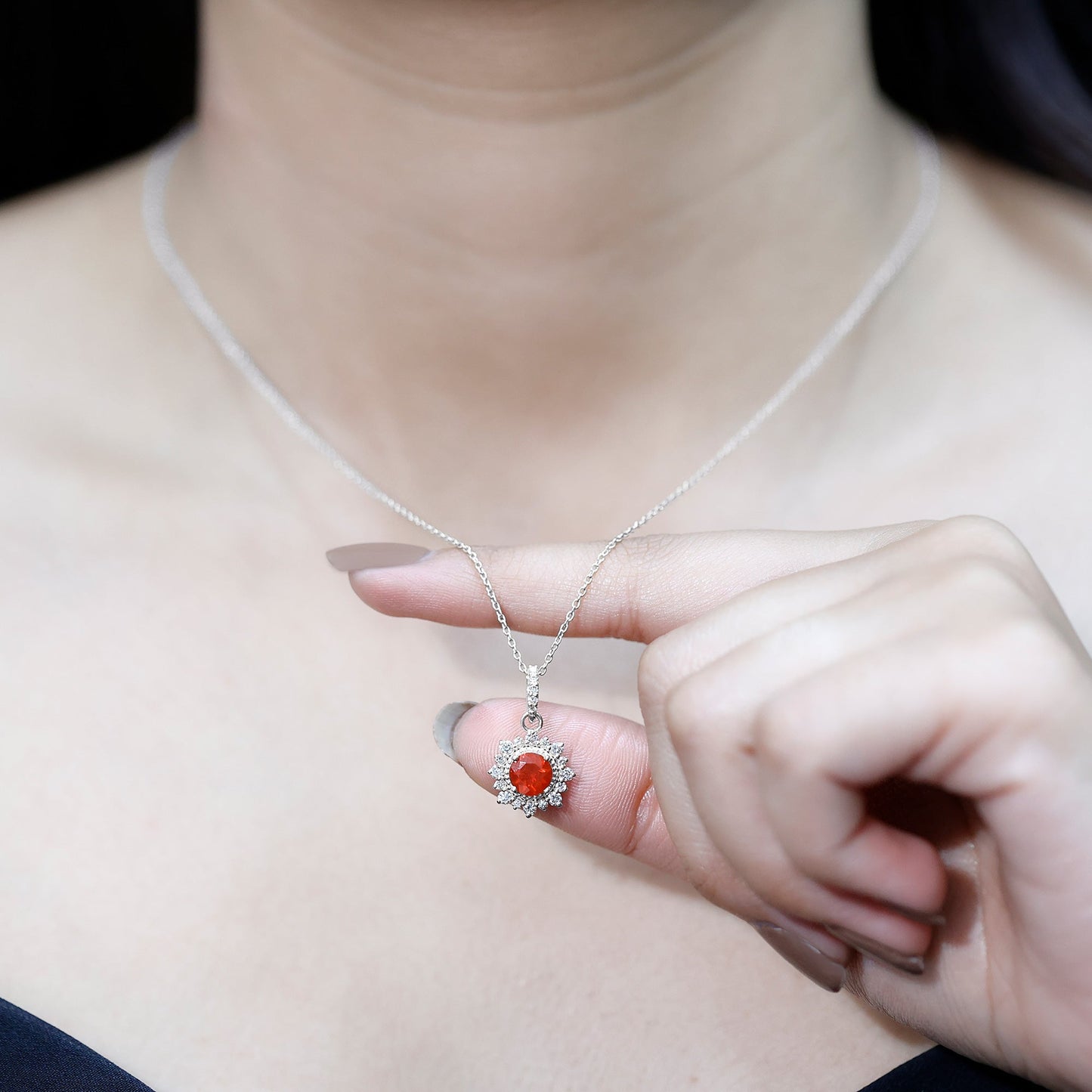 Round Fire Opal and Diamond Halo Pendant Necklace