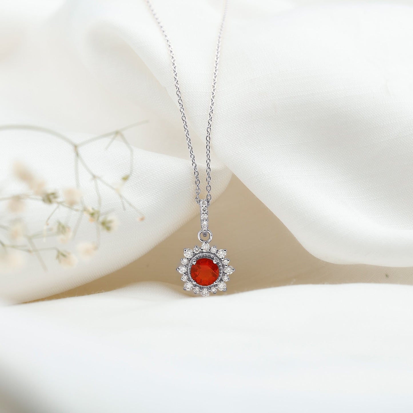 Round Fire Opal and Diamond Halo Pendant Necklace