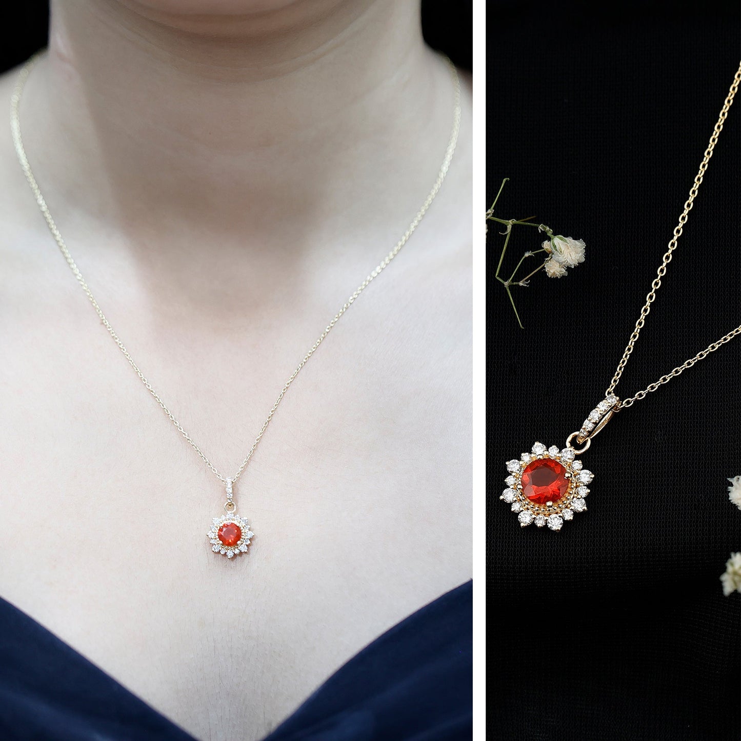 Round Fire Opal and Diamond Halo Pendant Necklace