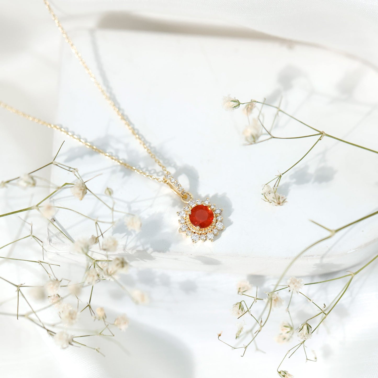 Round Fire Opal and Diamond Halo Pendant Necklace
