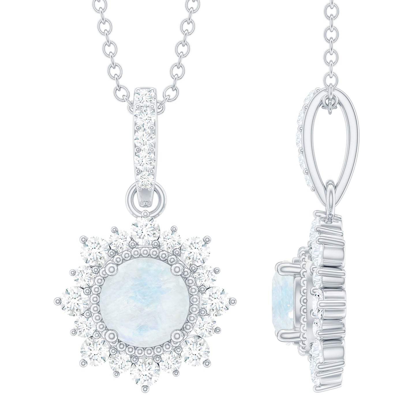 0.3 Carat Round Moonstone Halo Pendant with Diamond Bail