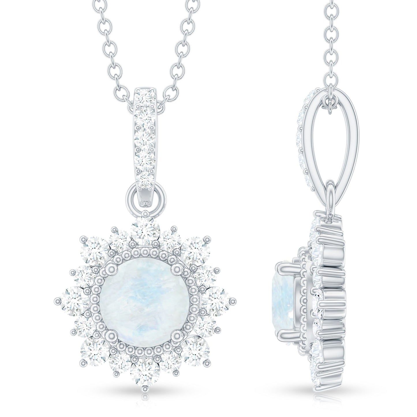0.3 Carat Round Moonstone Halo Pendant with Diamond Bail