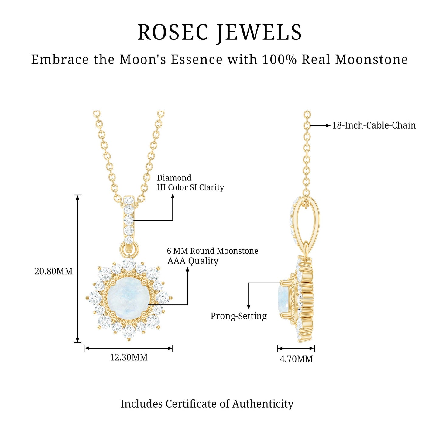 0.3 Carat Round Moonstone Halo Pendant with Diamond Bail