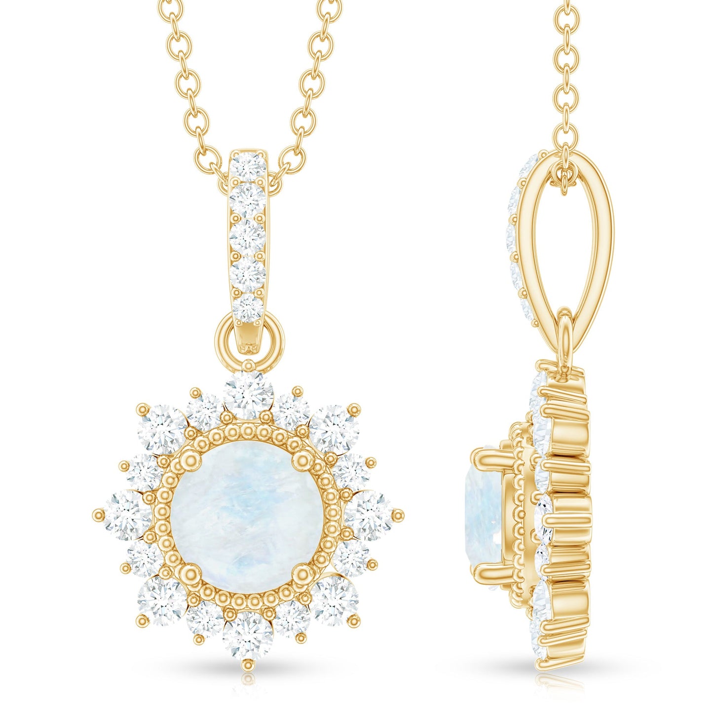 0.3 Carat Round Moonstone Halo Pendant with Diamond Bail