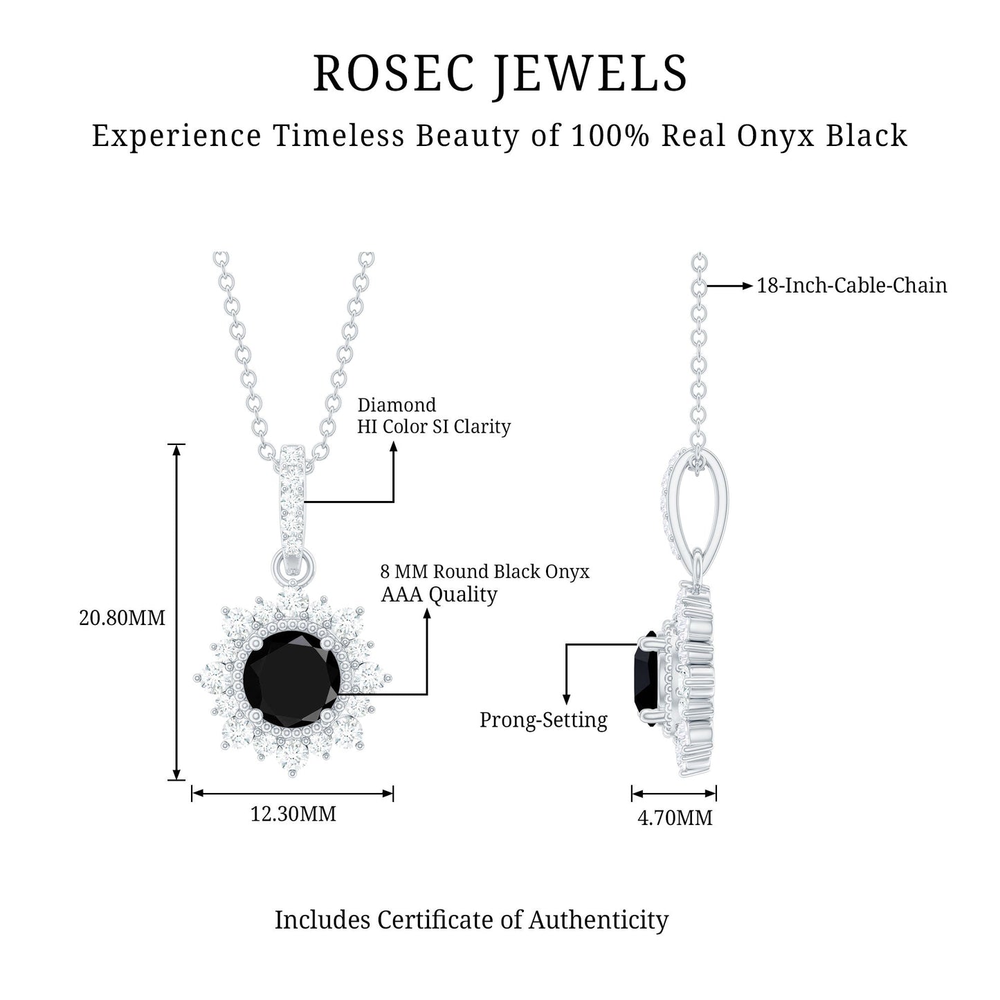 Natural 2 Carat Black Onyx Pendant Necklace with Diamond Halo