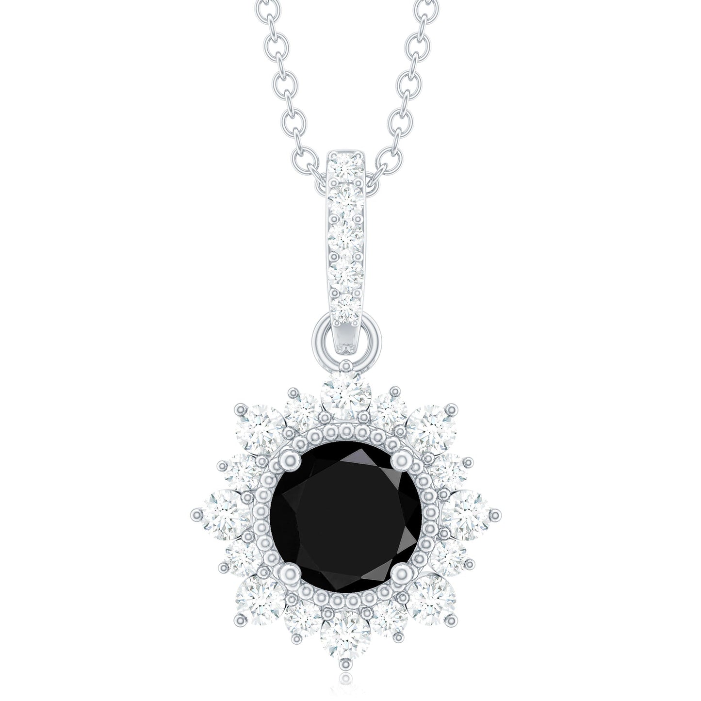 Round Black Spinel Halo Pendant with Diamond Accent Bail