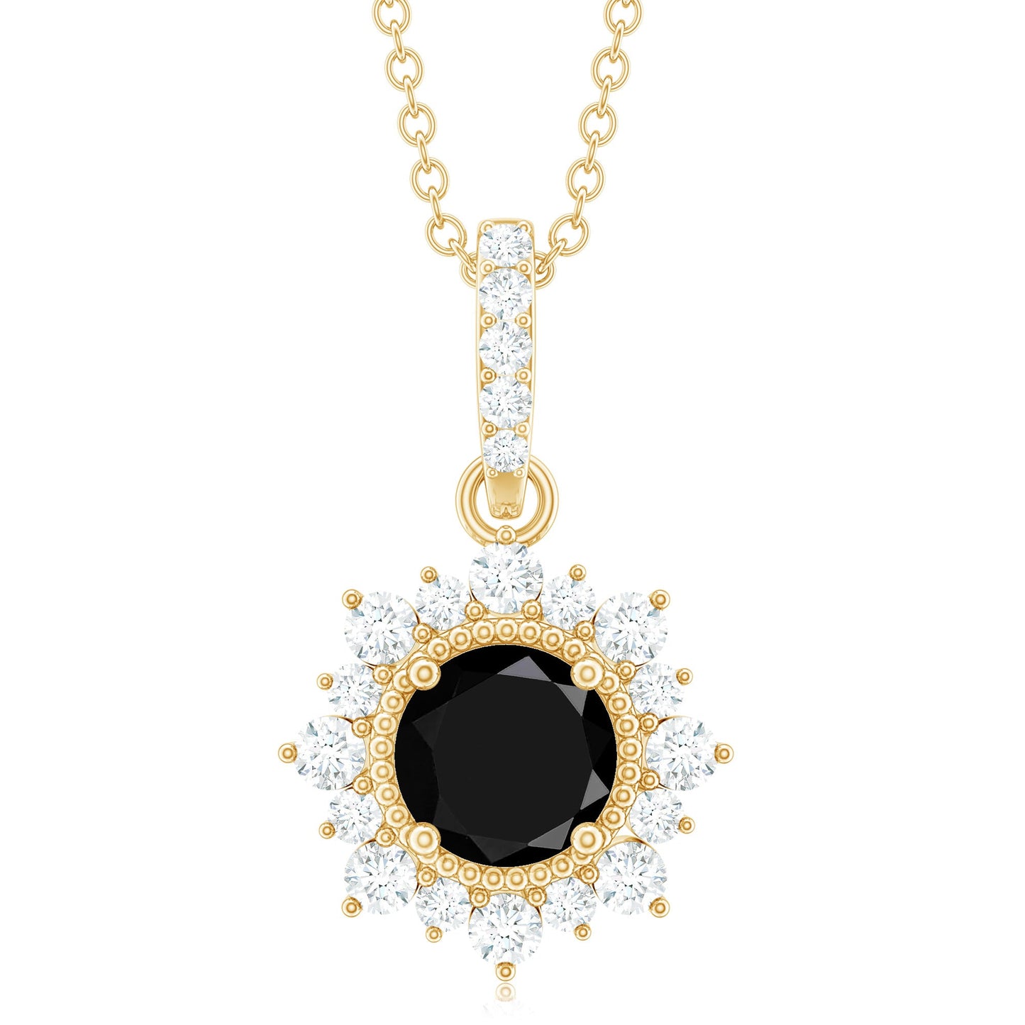 Round Black Spinel Halo Pendant with Diamond Accent Bail