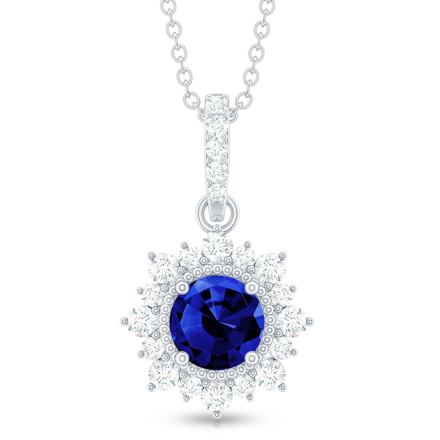 1 Carat Round Lab Grown Blue Sapphire Halo Necklace with Diamond