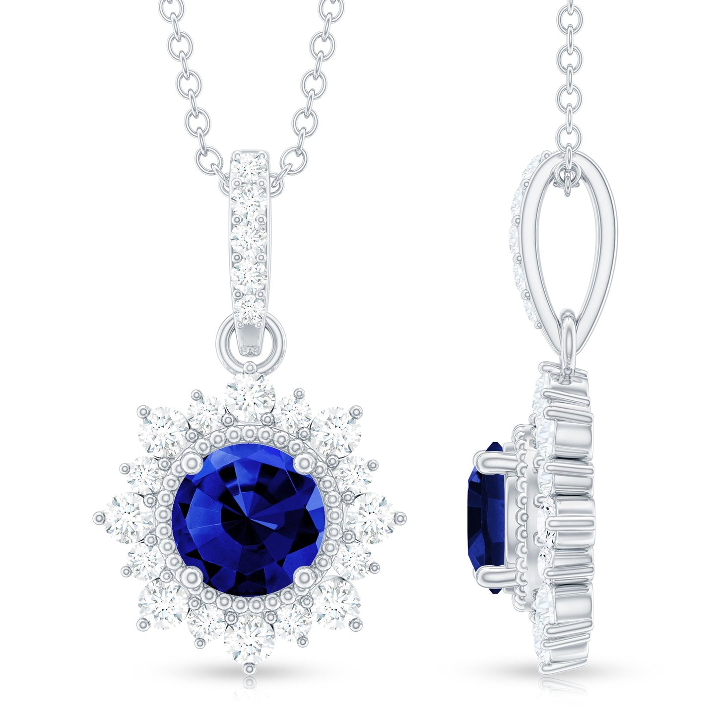 1 Carat Round Lab Grown Blue Sapphire Halo Necklace with Diamond