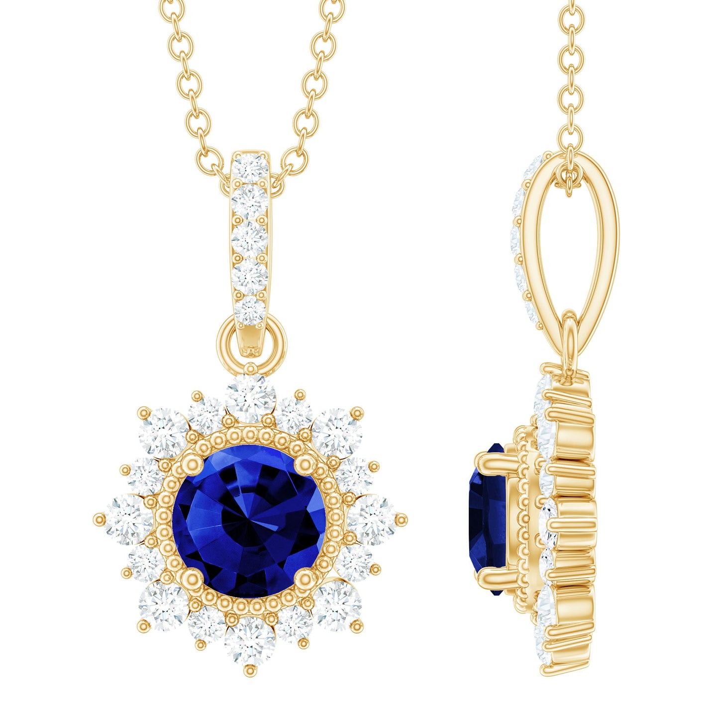 1 Carat Round Lab Grown Blue Sapphire Halo Necklace with Diamond