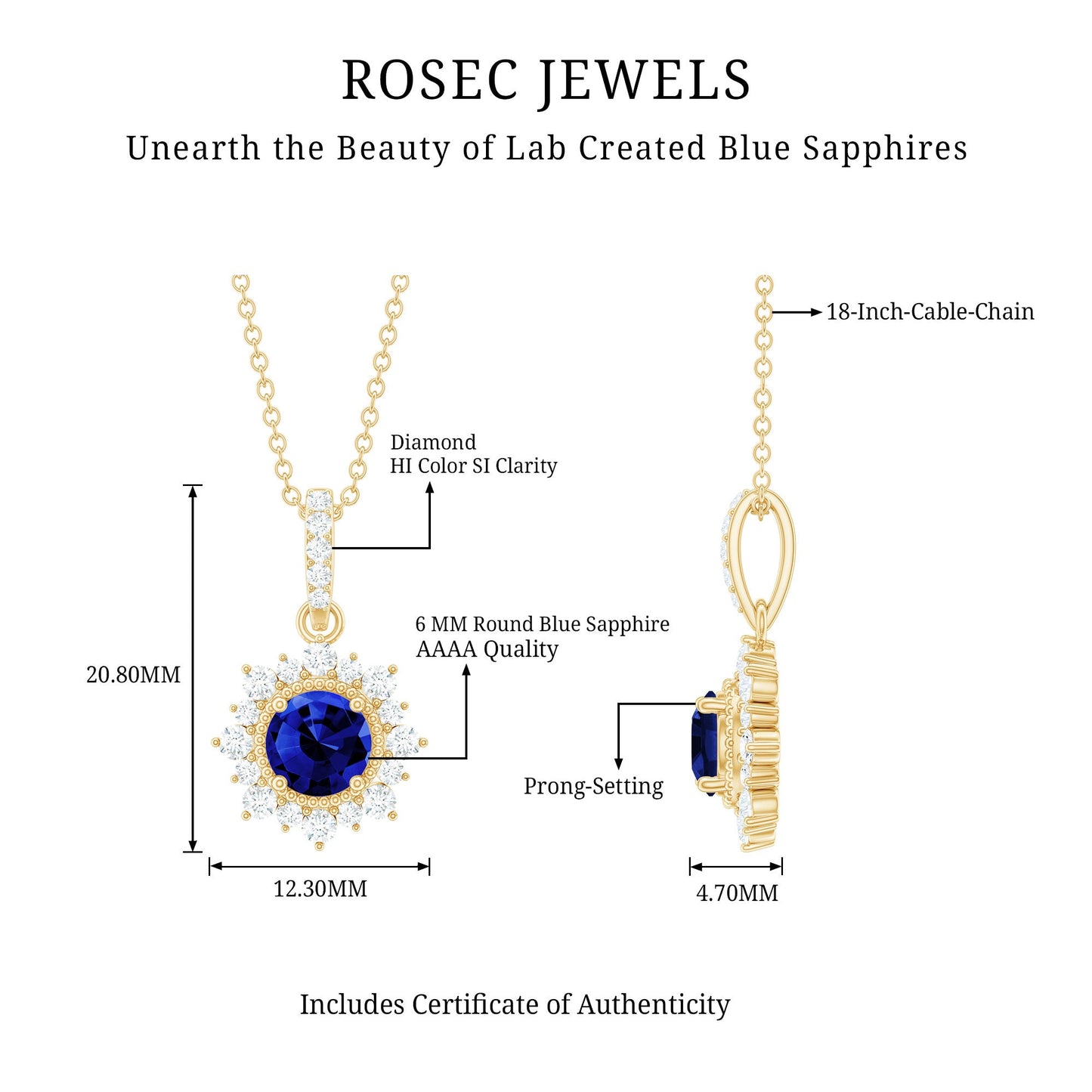 1 Carat Round Lab Grown Blue Sapphire Halo Necklace with Diamond
