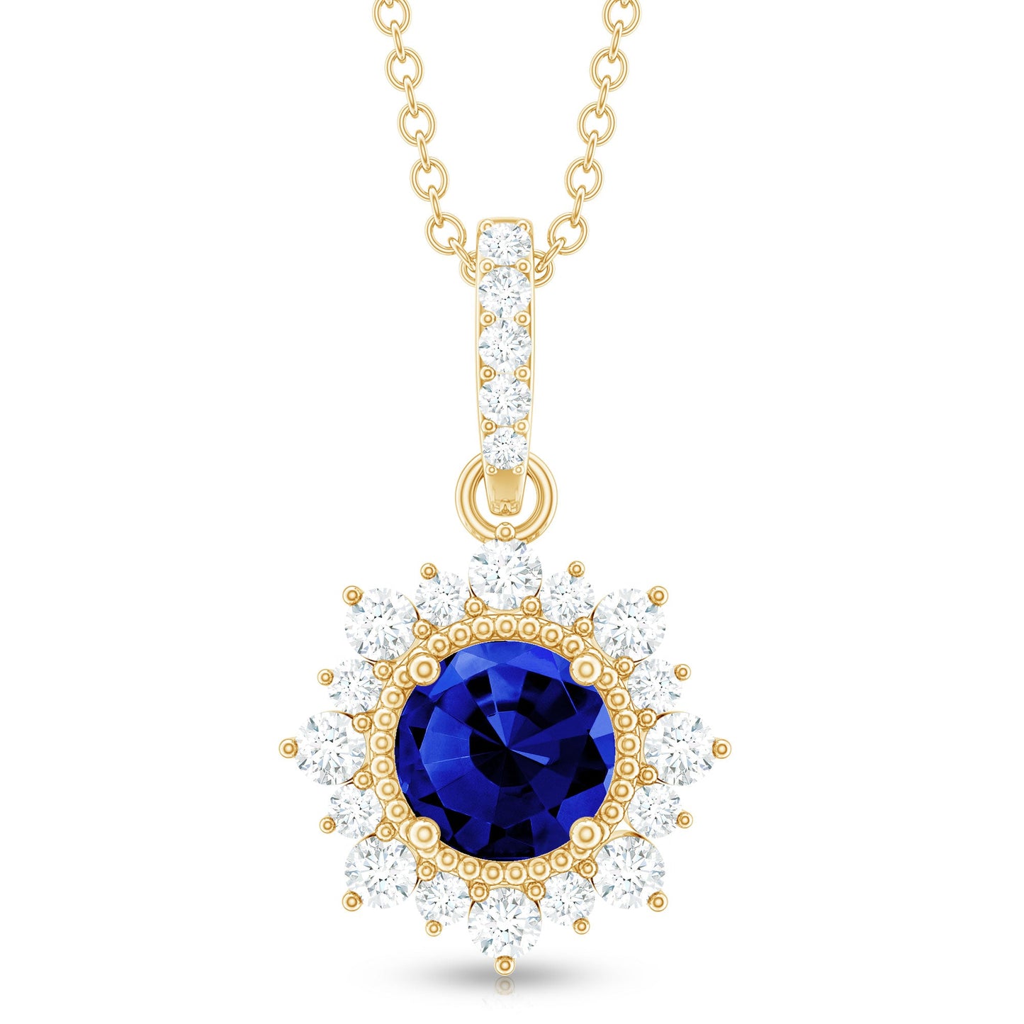 1 Carat Round Lab Grown Blue Sapphire Halo Necklace with Diamond