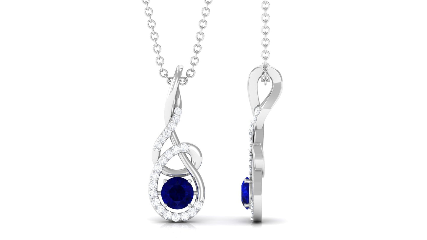 Real 0.9 Carat Blue Sapphire Twisted Pendant Necklace with Diamond