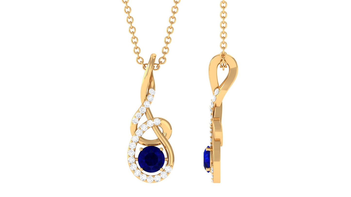 Real 0.9 Carat Blue Sapphire Twisted Pendant Necklace with Diamond