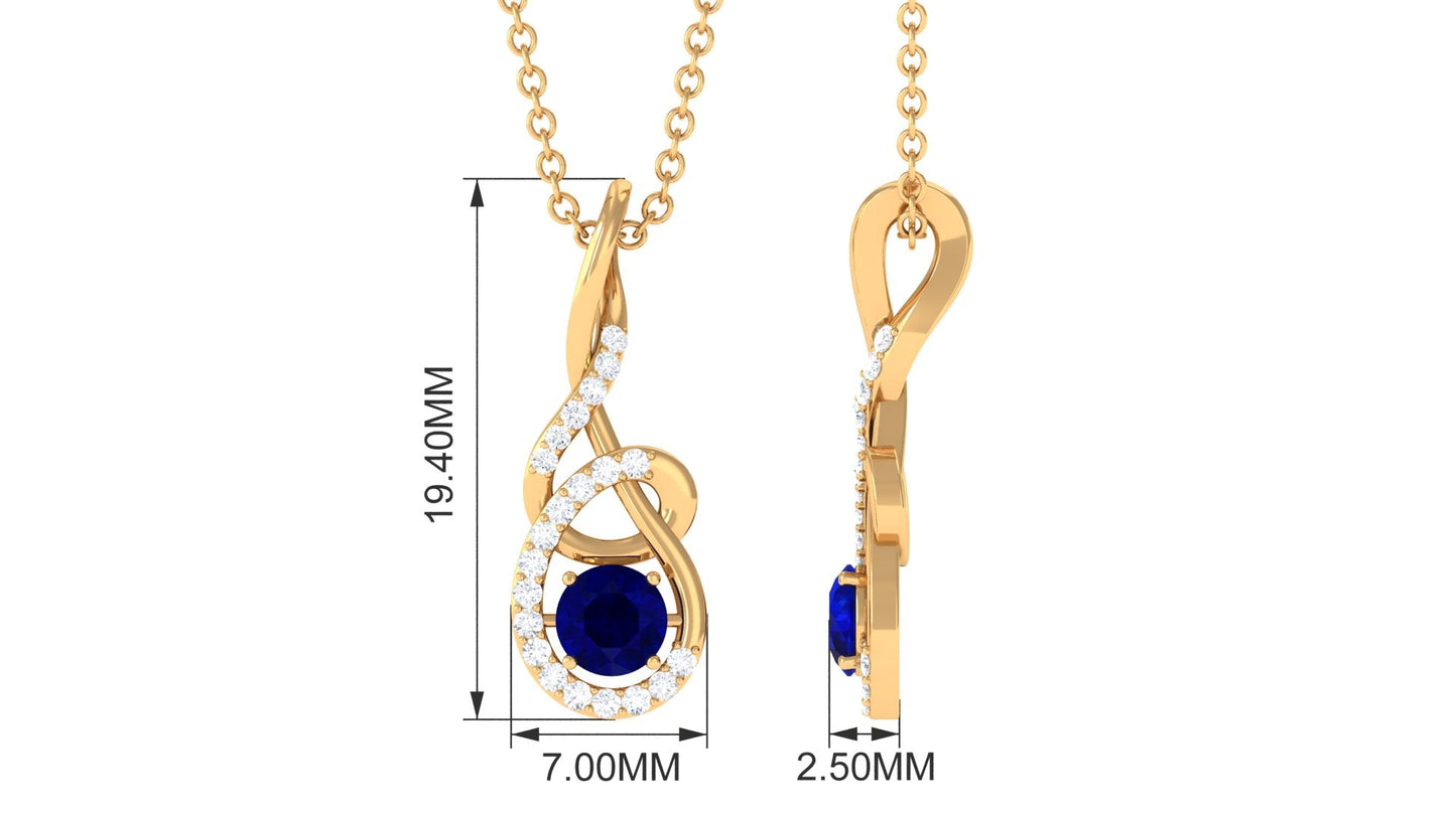 Real 0.9 Carat Blue Sapphire Twisted Pendant Necklace with Diamond