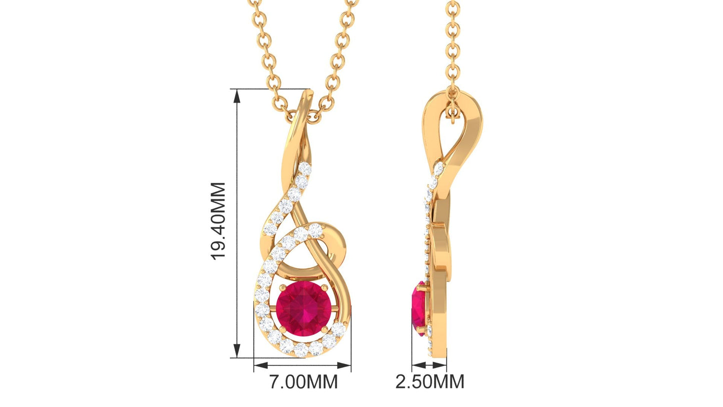 Designer Round Ruby and Diamond Twisted Drop Pendant