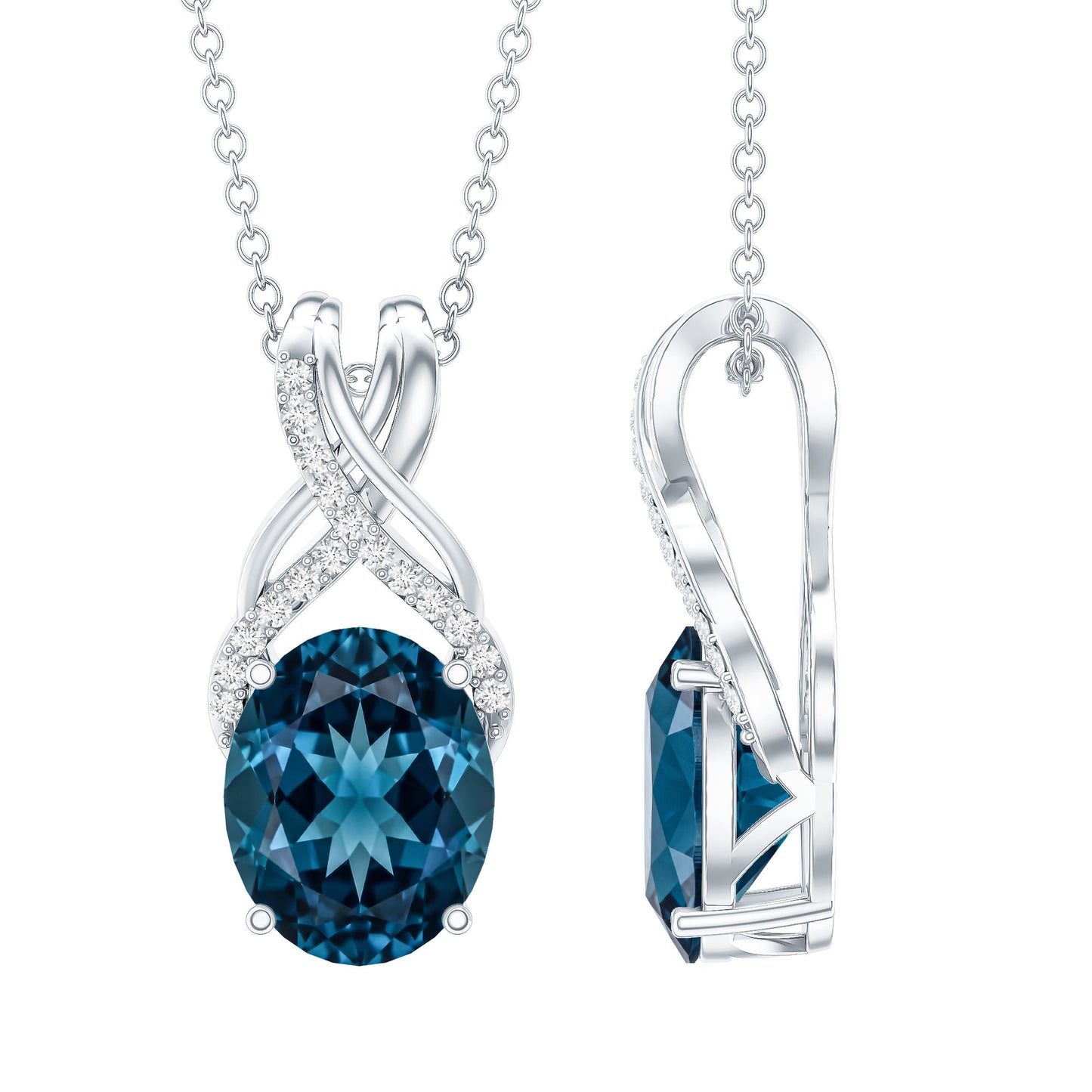 2.5 Carat Oval London Blue Topaz Solitaire Necklace with Diamond Twisted Bail