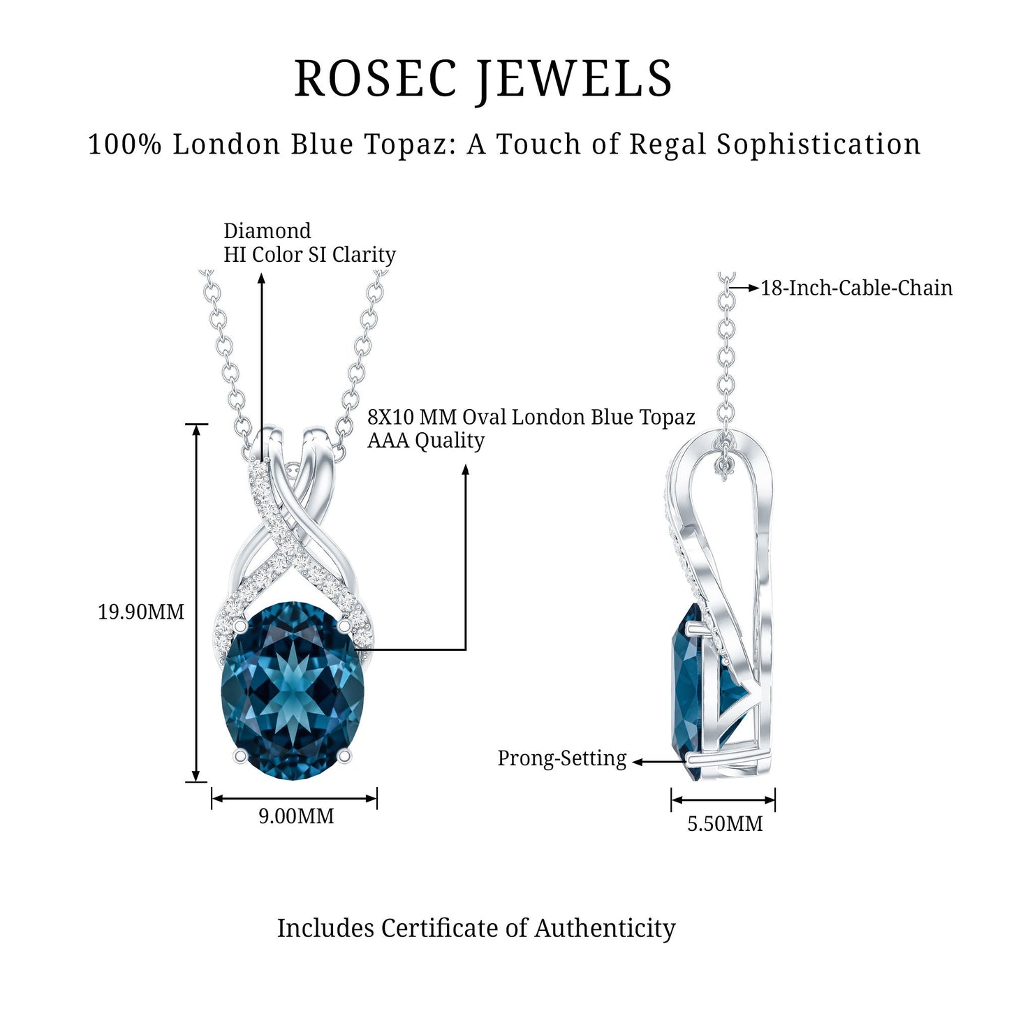 2.5 Carat Oval London Blue Topaz Solitaire Necklace with Diamond Twisted Bail