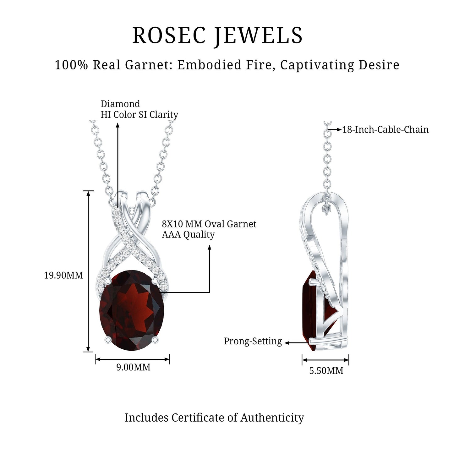 3.6 Carat Oval Shape Garnet Solitaire Twisted Bail Pendant Necklace with Diamond