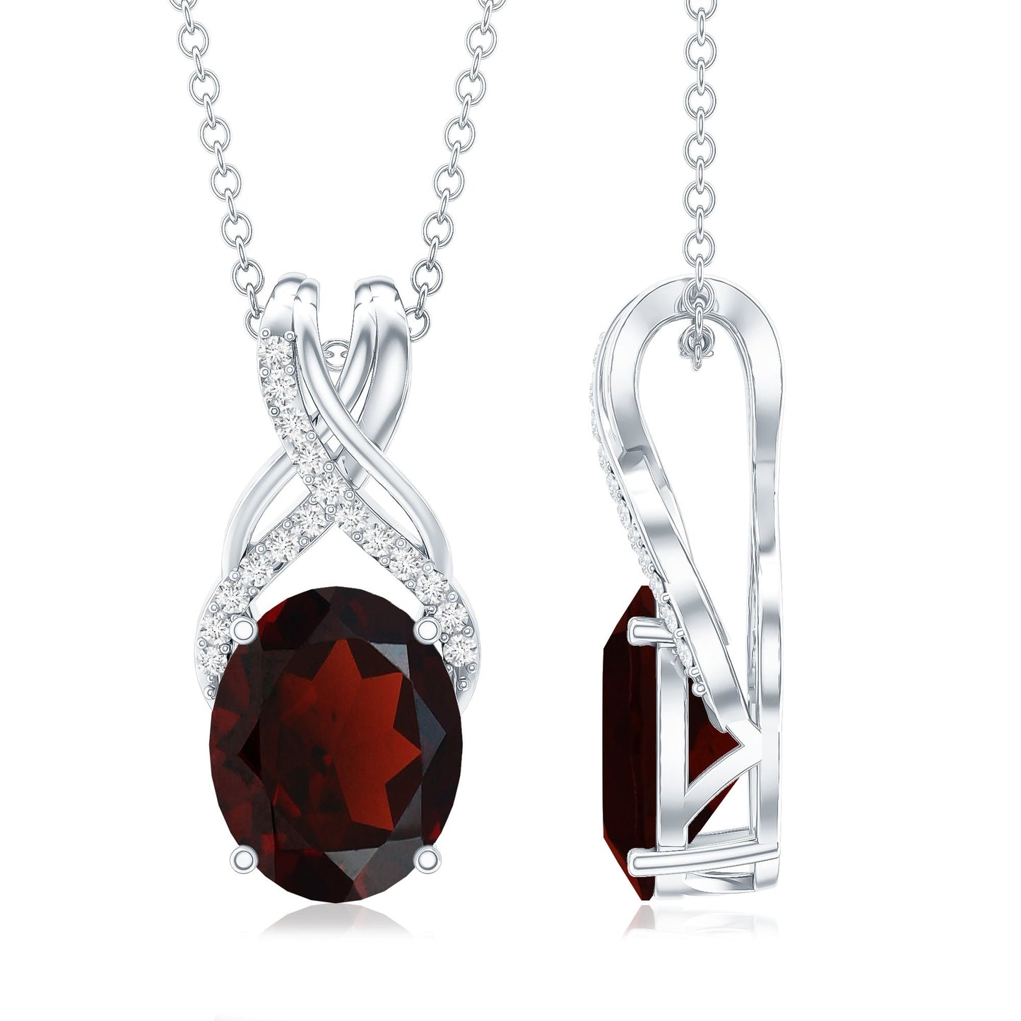 3.6 Carat Oval Shape Garnet Solitaire Twisted Bail Pendant Necklace with Diamond