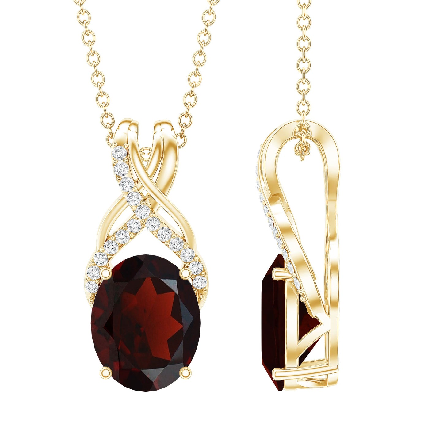 3.6 Carat Oval Shape Garnet Solitaire Twisted Bail Pendant Necklace with Diamond