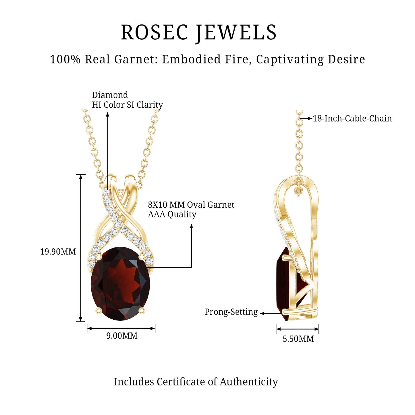 3.6 Carat Oval Shape Garnet Solitaire Twisted Bail Pendant Necklace with Diamond