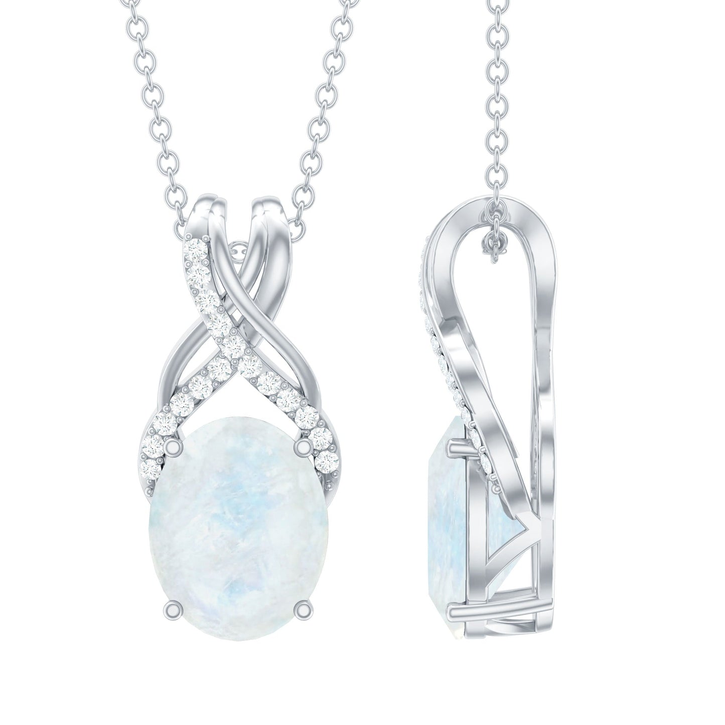 Real 0.6 Carat Oval Shape Moonstone Necklace with Diamond Twisted Bail
