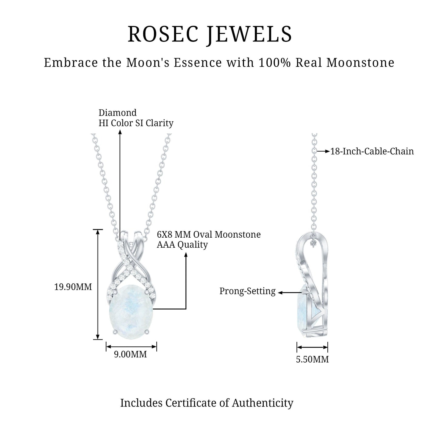 Real 0.6 Carat Oval Shape Moonstone Necklace with Diamond Twisted Bail