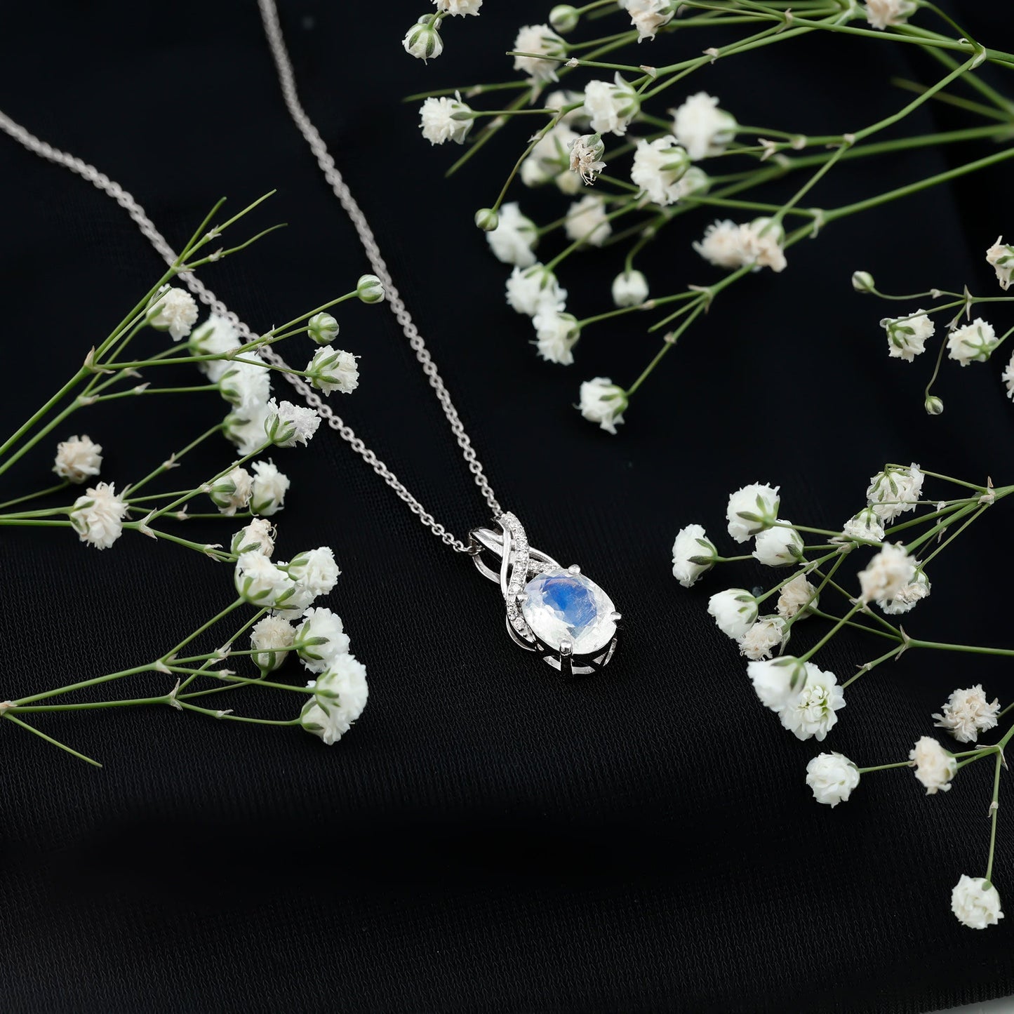 Real 0.6 Carat Oval Shape Moonstone Necklace with Diamond Twisted Bail