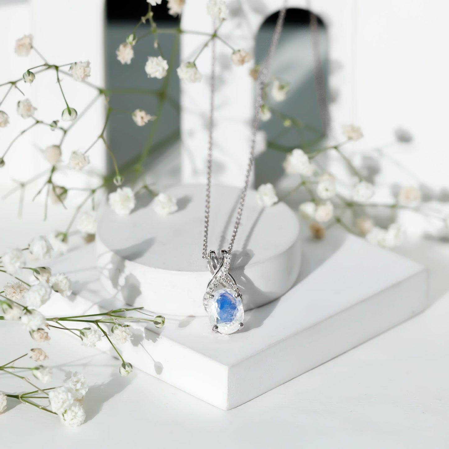 Real 0.6 Carat Oval Shape Moonstone Necklace with Diamond Twisted Bail