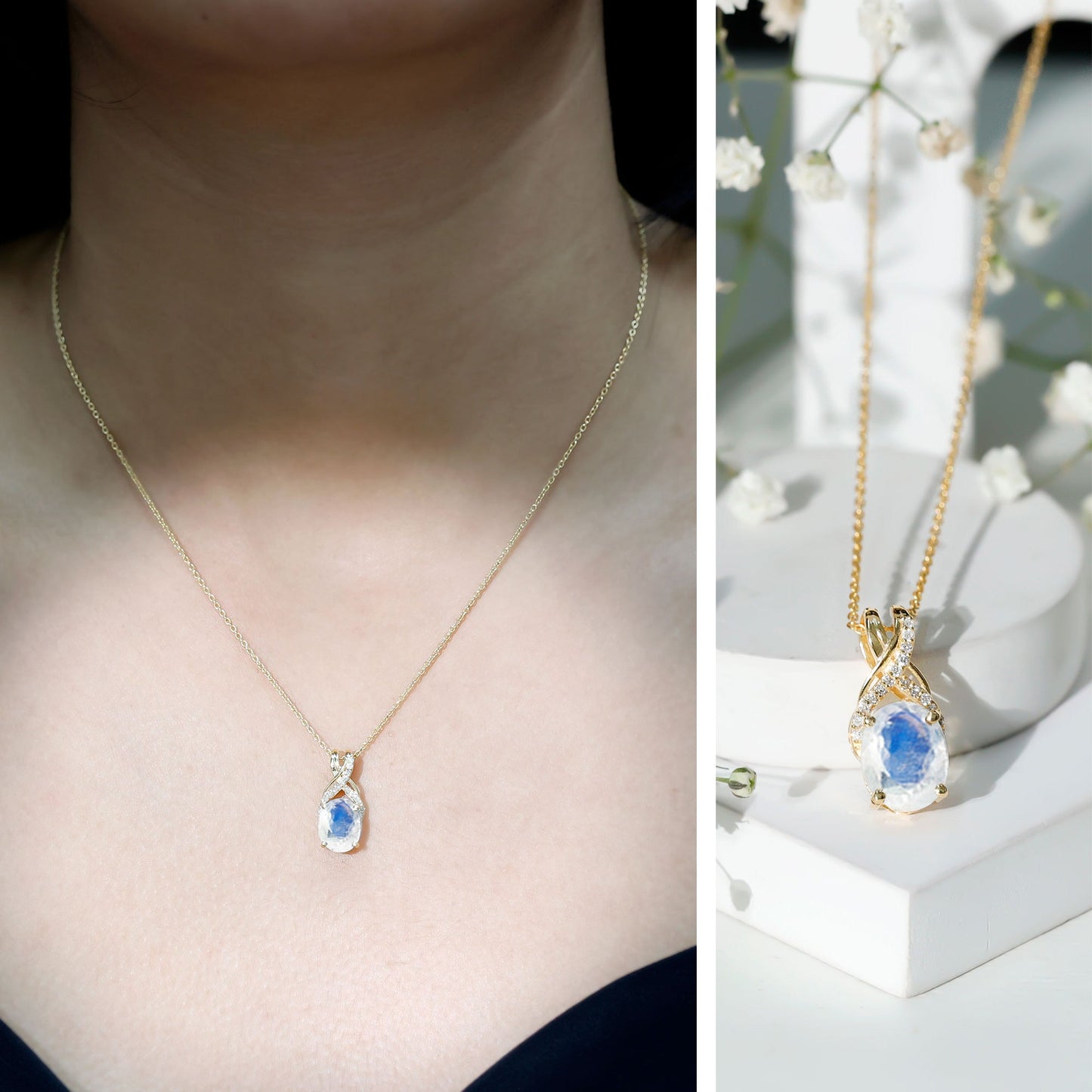 Real 0.6 Carat Oval Shape Moonstone Necklace with Diamond Twisted Bail