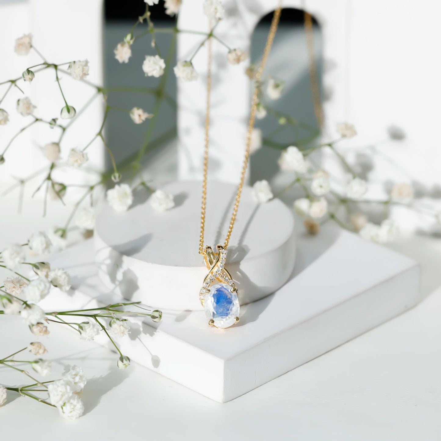 Real 0.6 Carat Oval Shape Moonstone Necklace with Diamond Twisted Bail