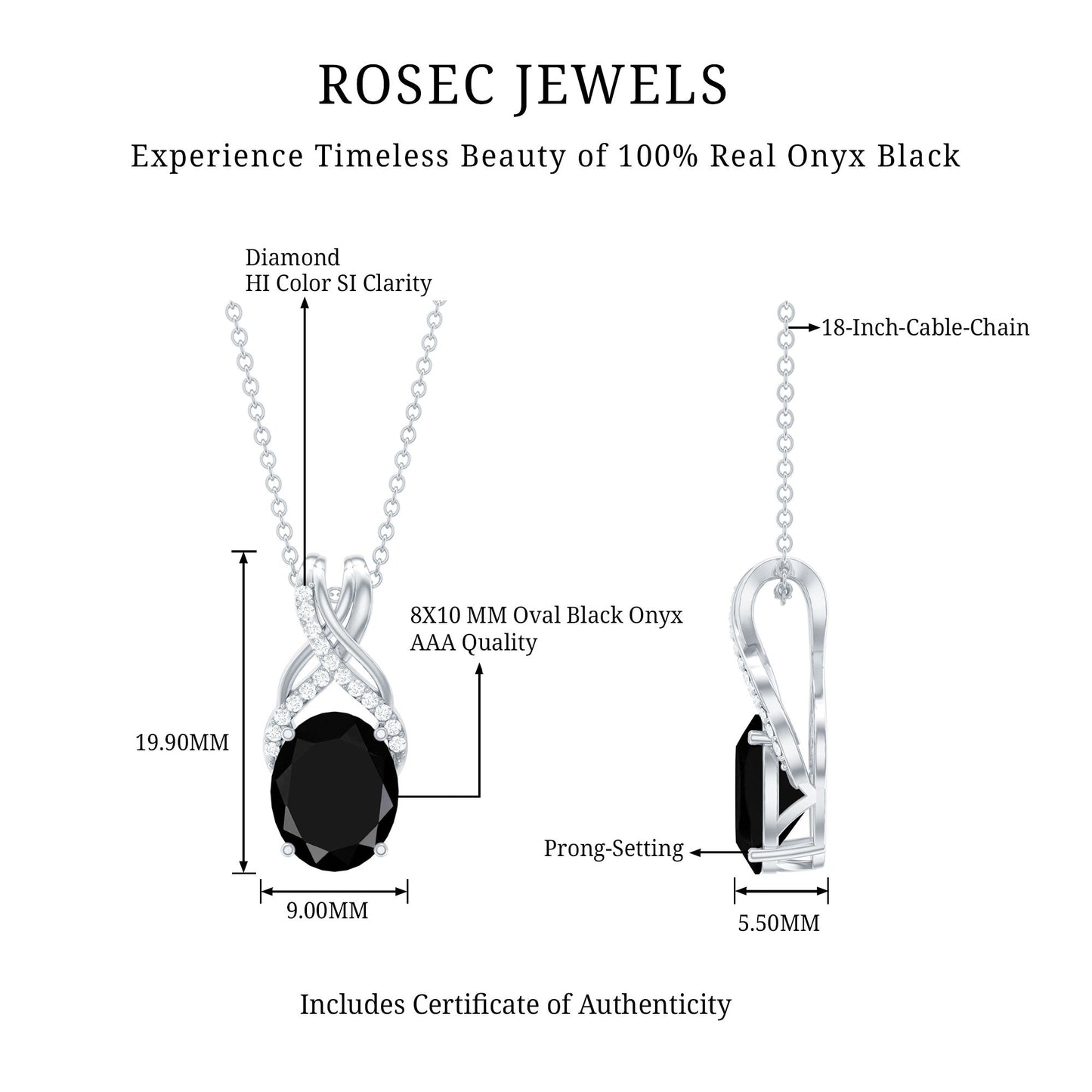 Natural 2.5 Carat Oval Black Onyx Pendant Necklace with Diamond