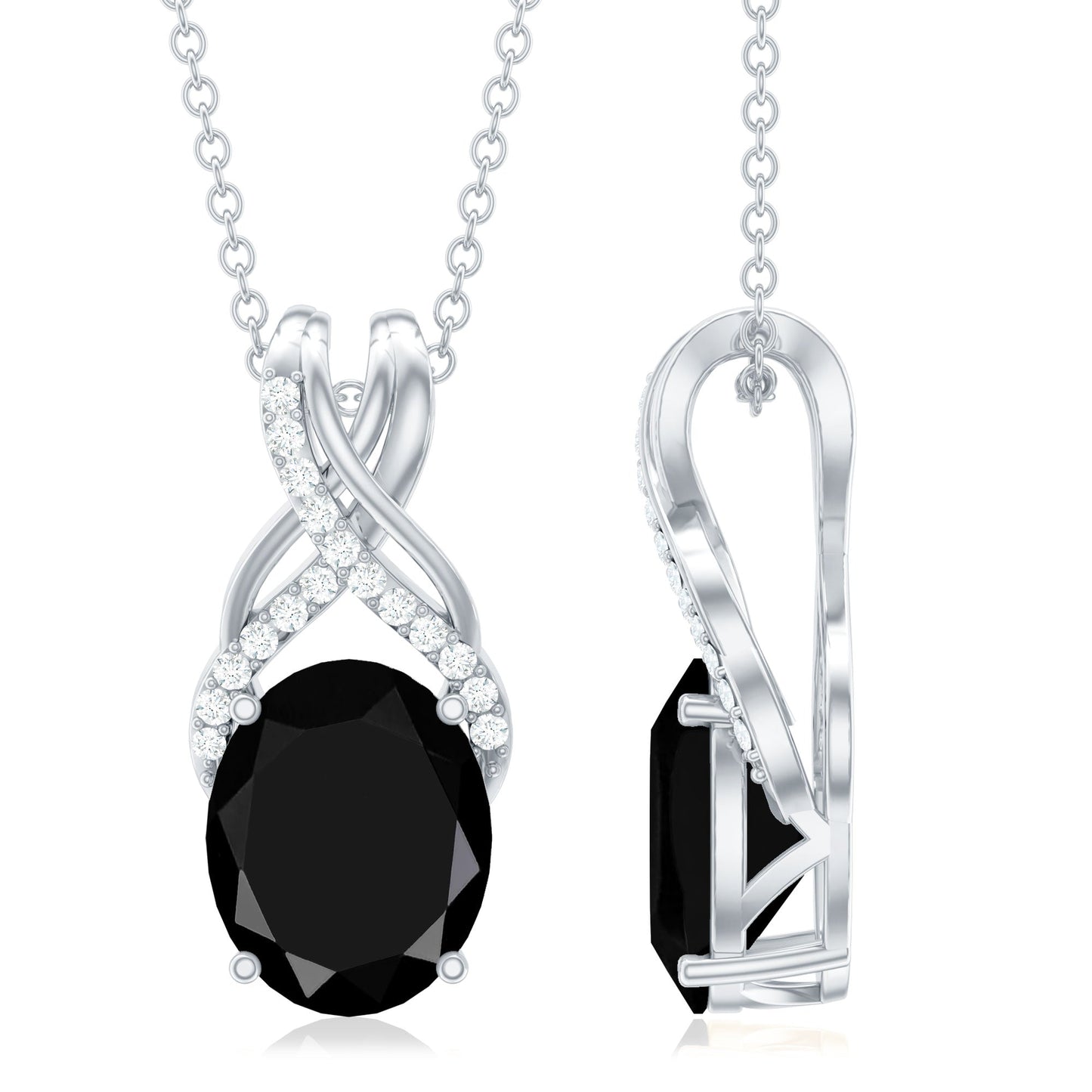 Natural 2.5 Carat Oval Black Onyx Pendant Necklace with Diamond