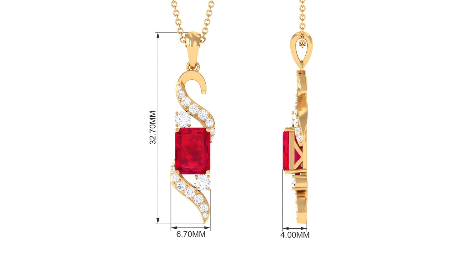 Emerald Cut Created Ruby Designer Dangle Pendant with Diamond