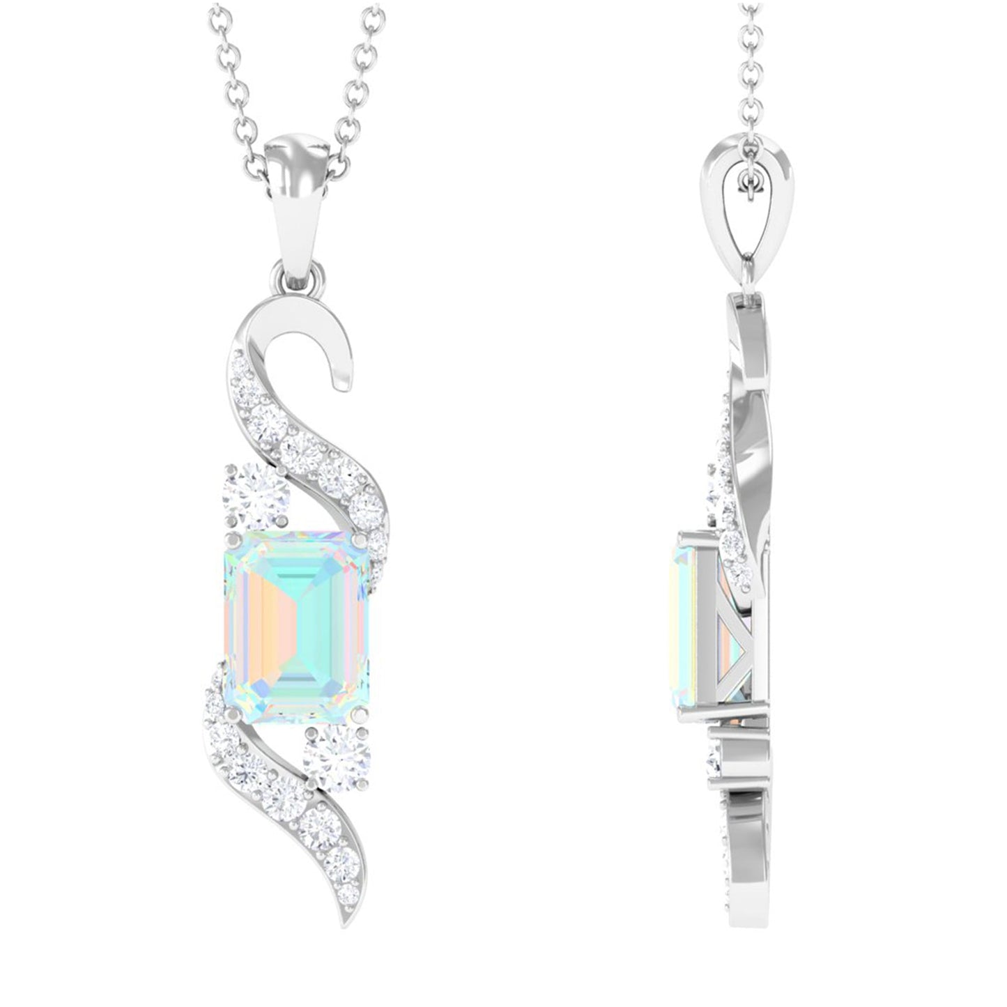 Contemporary 2 Carat Emerald Cut Ethiopian Opal Pendant Necklace with Diamond
