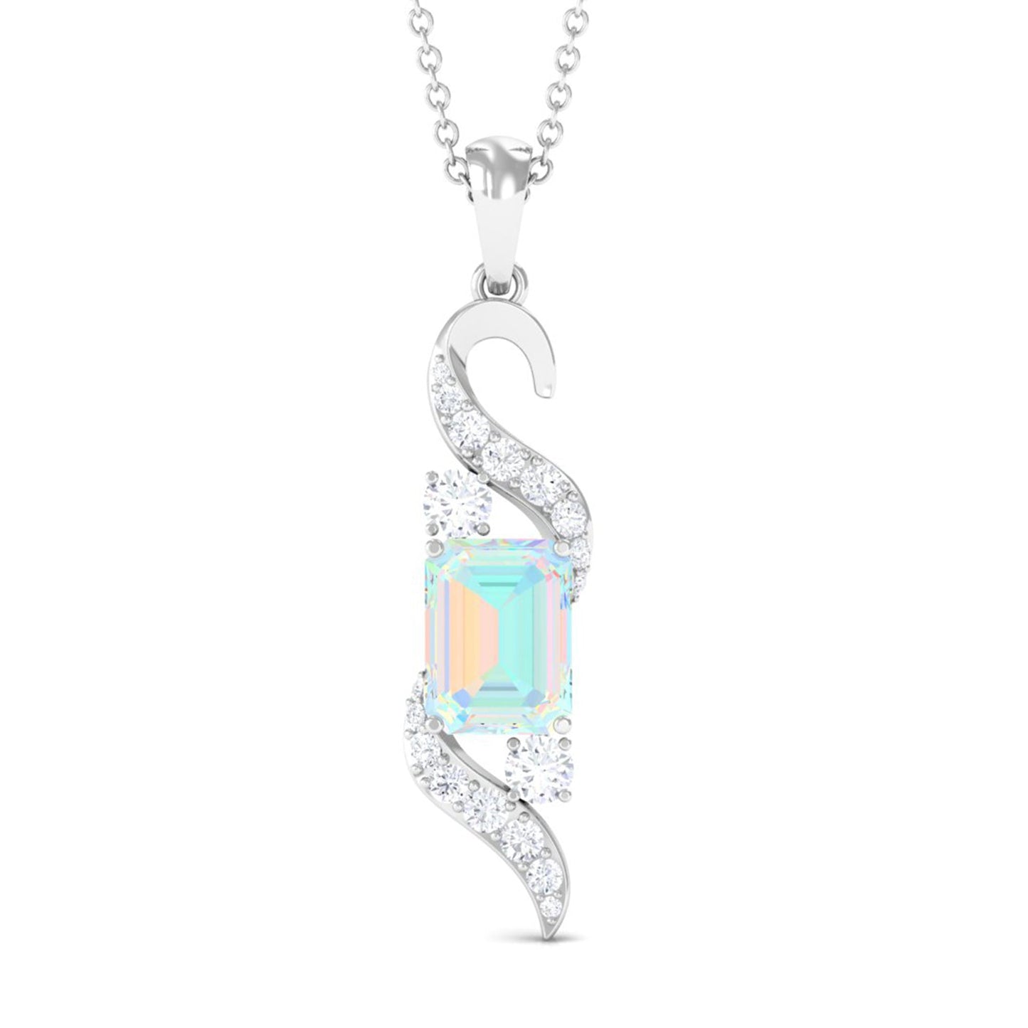 Contemporary 2 Carat Emerald Cut Ethiopian Opal Pendant Necklace with Diamond