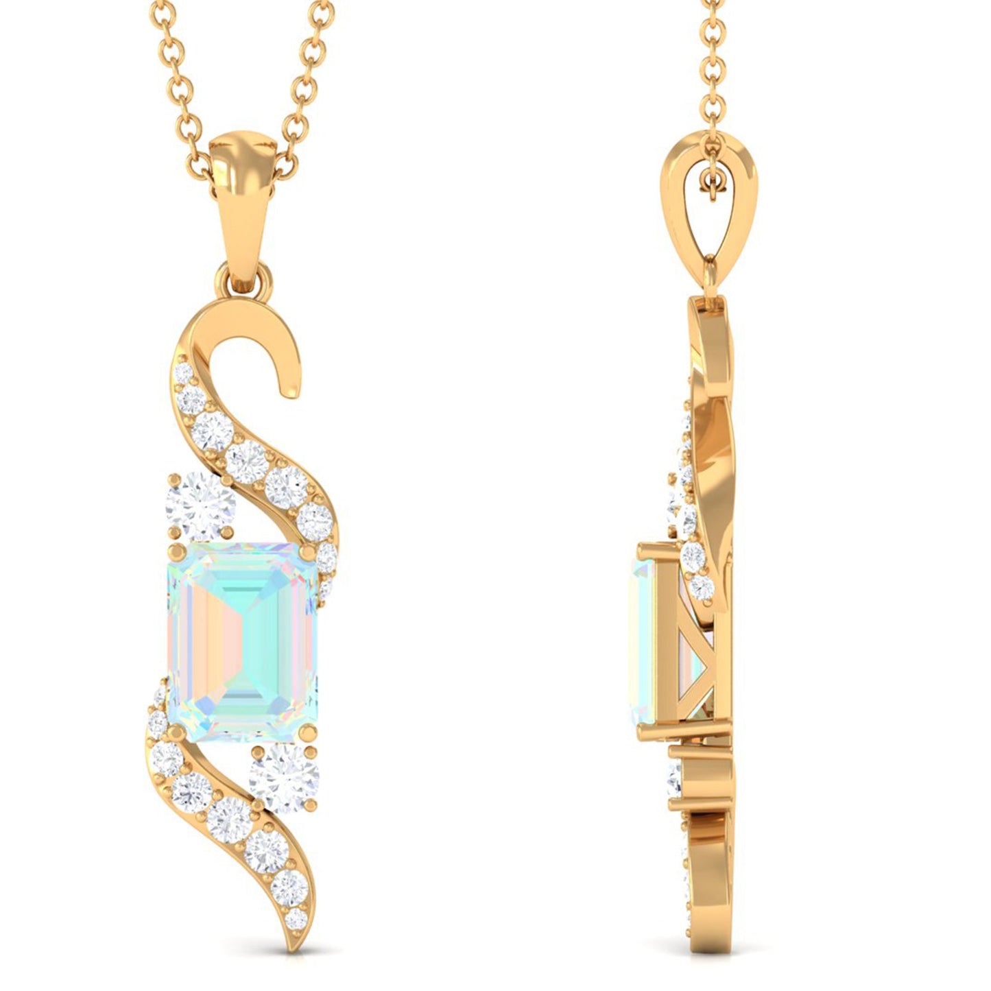 Contemporary 2 Carat Emerald Cut Ethiopian Opal Pendant Necklace with Diamond